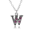Silver-toned letter W necklace with inlaid pink crystals and vintage beaded texture - Letter W