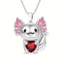Pink enamel axolotl necklace featuring a red heart gemstone in silver finish - Necklace Only