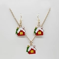 Christmas jewelry set with red snow house and green tree pendants on gold chain - House