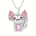 Silver axolotl necklace with pink enamel details holding a heart-shaped crystal stone - Necklace Only / Silver Axolotl Pink Heart Necklace