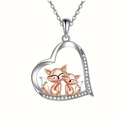 Detailed view of fox mother and child pendant in heart frame with zircon accents - Fox Heart Style (Two-Tone)