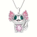 Cartoon axolotl necklace in silver with pink heart crystal and green gem eyes - Necklace Only / Silver Axolotl Light Pink Heart Necklace