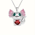 Cute silver axolotl necklace with pink enamel and a large red heart-shaped gemstone - Necklace Only (Without Earrings)