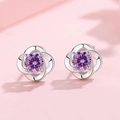 Minimalist flower stud earrings with purple zircon gemstone in silver finish - Purple Zirconia Style / Purple