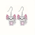 Cute pink axolotl fishhook earrings with heart-shaped gemstone in silver finish - Earrings Only (Without Necklace)