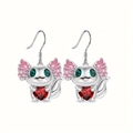 Cartoon axolotl drop earrings in silver with red heart stone and green gem eyes - Earrings Only (Without Necklace)