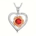 Heart rose necklace with red birthstone and I Love You engraving on a silver chain - Jan-Red