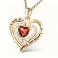 Golden heart necklace with red birthstone and I love you for always and forever engraving - January - Deep Red