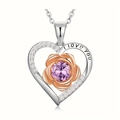I Love You engraved heart necklace with rose gold flower and purple birthstone - February - Purple
