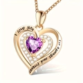 Rose gold double heart birthstone necklace with romantic I love you forever engraving - February - Deep Purple