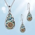 Sunflower teardrop necklace and earrings set with iridescent abalone shell inlay - Necklace + Earrings Set