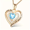 Rose gold heart necklace with blue gemstone and I love you for always and forever engraving - March - Aquamarine