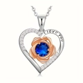 Silver heart necklace with rose gold flower and blue birthstone pendant for women - September - Dark Blue