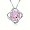 Pink heart clover necklace with sparkling crystals and silver plated chain for women - October-Pink