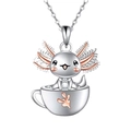 Cute cartoon Axolotl in teacup pendant necklace for girls in silver and rose gold tones - Necklace