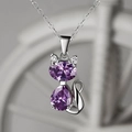 Silberne Katzen-Halskette mit violetten Kristallen und feiner Gliederkette - Lila / Halskette