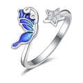 Elegant adjustable silver butterfly and star ring with blue enamel and sparkling zircons - Adjustable Open Ring / Blue