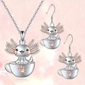 Cute axolotl in a teacup necklace and earrings jewelry set in silver and rose gold - Necklace + Earrings