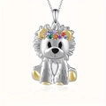Exquisite cartoon lion pendant necklace with colorful gemstone wreath and gold accents - Silver Necklace