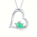 Ocean style silver heart necklace with green opal turtle pendant for women - Green