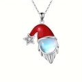 Exquisite Christmas gnome pendant necklace with red enamel hat and blue moonstone - Silver