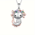 Cute axolotl pendant necklace with colorful cubic zirconia floral crown on silver metal - Colorful Rhinestone Axolotl Necklace