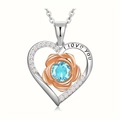 Rose heart necklace with light blue birthstone and I love you engraving - March - Aquamarine