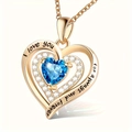 Rose gold heart necklace with blue center stone and diamonds, engraved with I love you - December - Light Blue