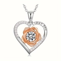 Two-tone heart necklace with rose flower, I love you engraving and clear stone - April-White