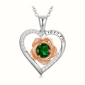 Rose gold heart necklace with emerald green birthstone and I Love You engraving - May - Dark Green