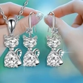 Funkelndes Kristall Katzen Halsketten und Ohrring Set mit silberfarbenem Metall - Weiß / Schmuckset