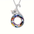 Charming silver cat necklace featuring a faceted colorful crystal and sparkling diamonds - Colorful