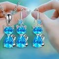 Süßes Katzen-Schmuckset mit blauen Kristallen und silberner Halskette für Damen - Blau / Schmuckset