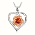 Heart pendant necklace with rose gold flower and orange birthstone on silver chain - July - Orange