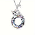 Chic silver cat necklace with a large round iridescent crystal and zircon accents - Pink Purple