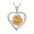 Heart-shaped silver necklace with rose gold flower and yellow birthstone pendant - Aug-Light Green