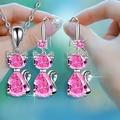 Niedliches Katzen Schmuckset mit rosa Amethyst Anhänger Halskette und Ohrringen in Silber - Rosa / Schmuckset