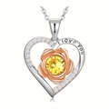 S925 silver heart necklace with rose gold flower and yellow birthstone for women - November-Yellow