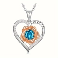 Two-tone heart and rose necklace with blue birthstone and I Love You engraving - December - Lake Blue