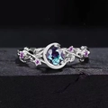 Elegant crescent moon and leaf ring with round color-changing gem and star accents - US 5 / Silver