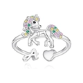 Unicorn open ring in silver finish with colorful zircons and letter A heart detail - A Style (a)