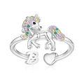 Unicorn open ring with colorful zircons and letter B heart detail on silver band - B Style (b)