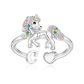Unicorn open ring with colorful crystals, heart charm and letter C in silver finish - C Style (c)