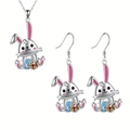 Parure bijoux lapin rose mignon avec collier pendentif émaillé et boucles d'oreilles - Collier Et Boucles D'Oreilles Lapin Colorés
