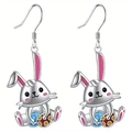Boucles d'oreilles lapin rose avec œuf de Pâques en métal argenté poli brillant - Boucles D'Oreilles Lapin Colorées