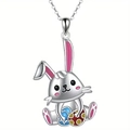 Collier avec pendentif lapin rose mignon et œufs de Pâques colorés en acier argenté - Collier Lapin Coloré