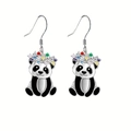 Cute panda drop earrings with colorful rhinestone floral crowns on silver plating - Panda Earrings
