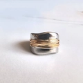 Two-tone geometric wide band ring with silver base and gold wire-wrap texture - US 6 / Gold and Silver Two-tone