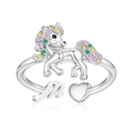 Detail of unicorn ring with colorful zircons, letter M charm, and heart pendant - M Style (m)