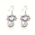 Cute axolotl drop earrings with colorful crystals and pink enamel details - Colorful Rhinestone Axolotl Earrings